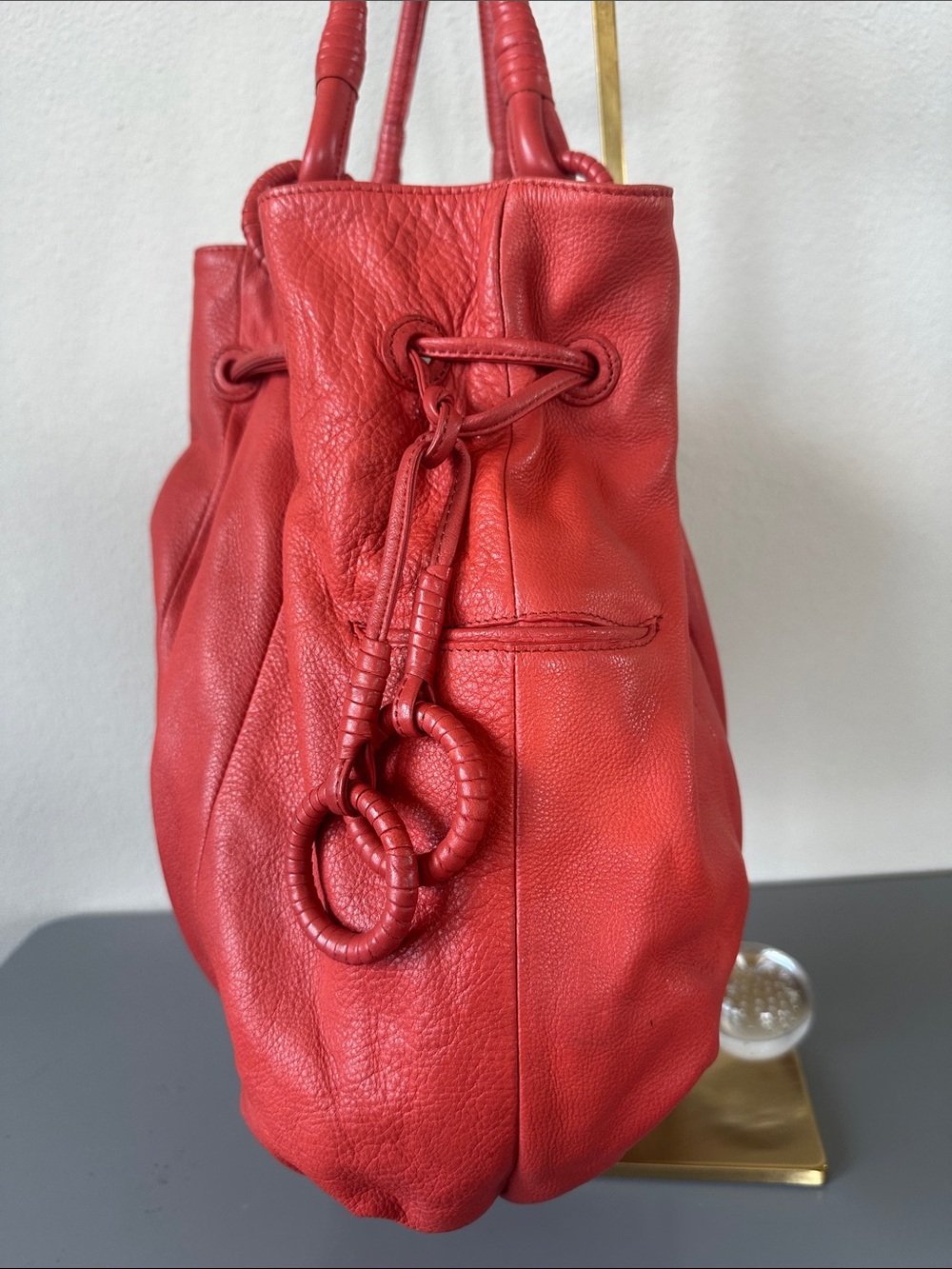 Fiore by Isabella Fiore, Deep coral/orange, 100% Leather Drawstring Tote w/ GHW - Picture 5 of 17